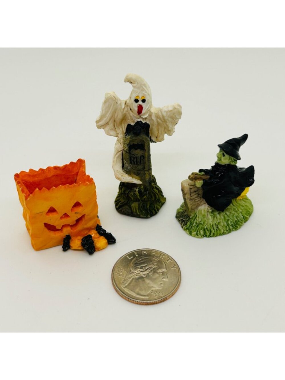 Vintage Miniature Halloween Figurines Ghost Witch Pumpkin Resin Village Decor - Picture 2 of 10
